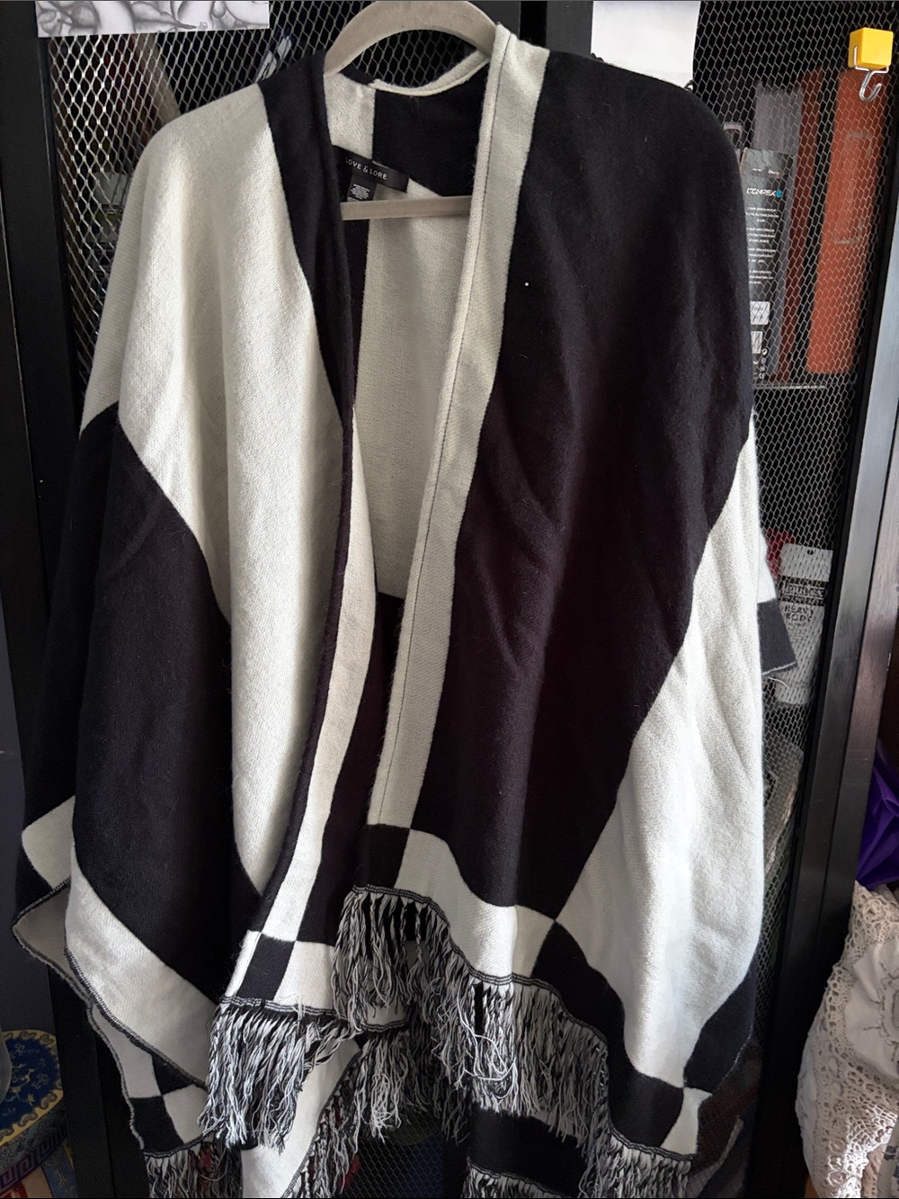 Cozy Black & White Fringe Open-Front Poncho